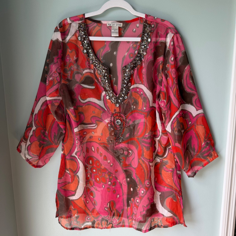 Cute Options Rayon Tunic Sheet Beaded Embellished Boho Beachy Resort Wear SZ XL